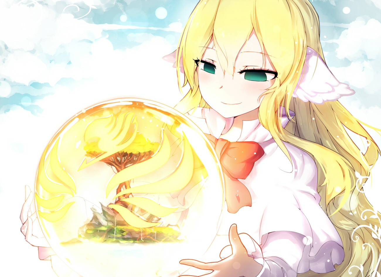 animal_ears, blonde_hair, bow, fairy_tail, green_eyes, long_hair, mavis_vermillion, qys3
