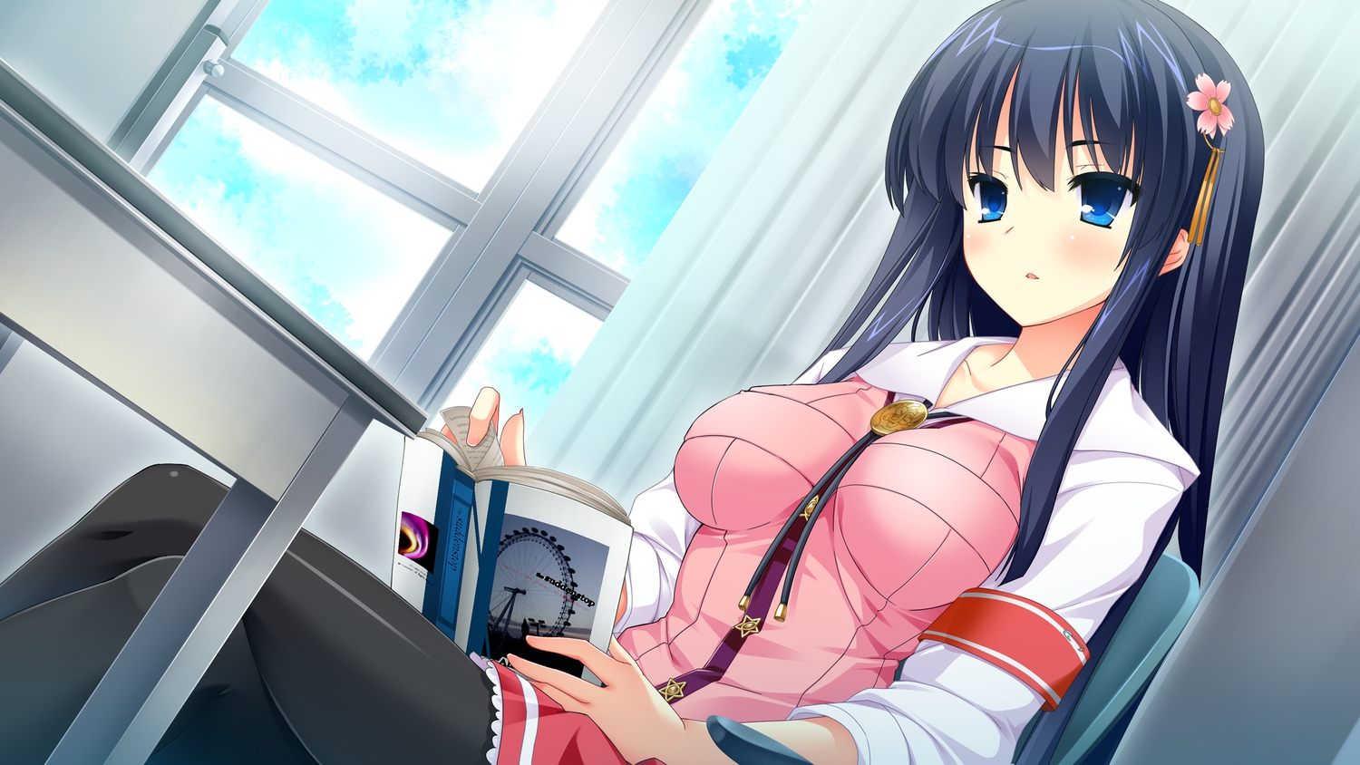 black_hair, blue_eyes, book, chuablesoft, game_cg, long_hair, lovera_bride, mikami_haruka, mutou_kurihito, pantyhose, school_uniform