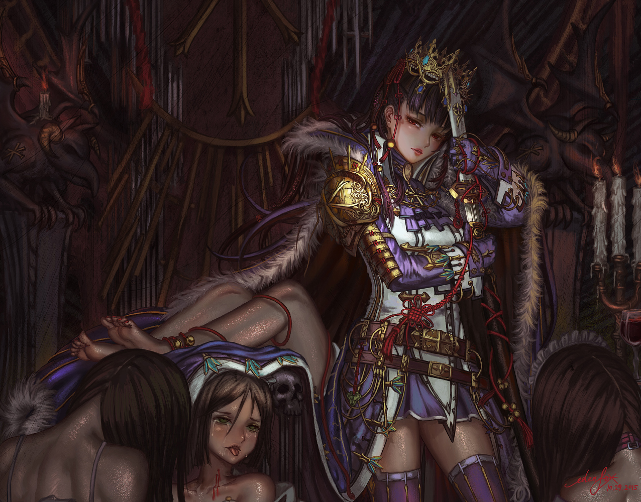armor, barefoot, blood, cape, collar, crown, dark, drink