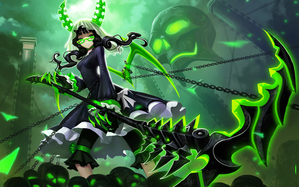 black_rock_shooter, chain, glasses, green, horns, liang_xing, skull, takanashi_yomi