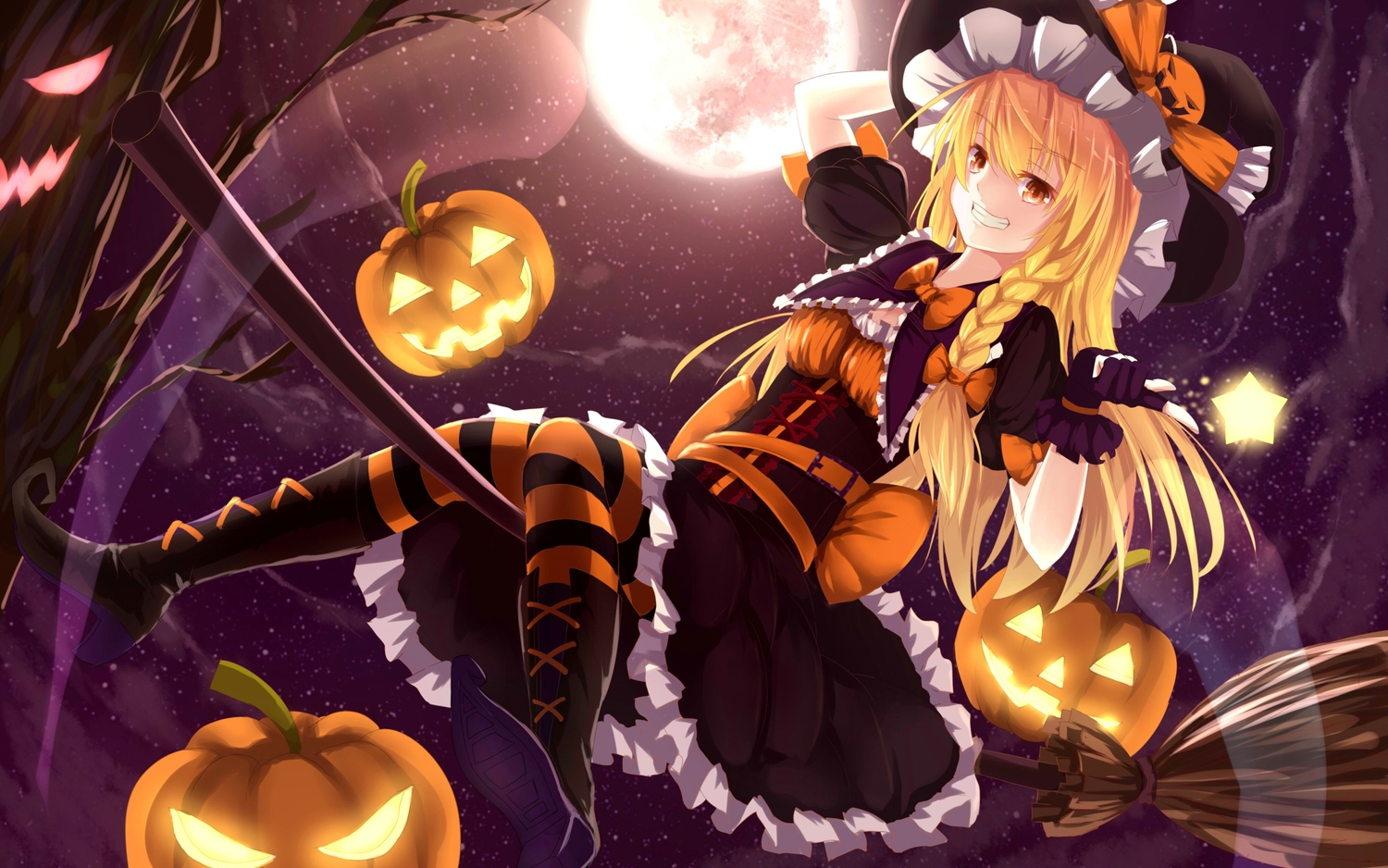 bakanoe, blonde_hair, boots, braids, dress, halloween, hat, kirisame_marisa