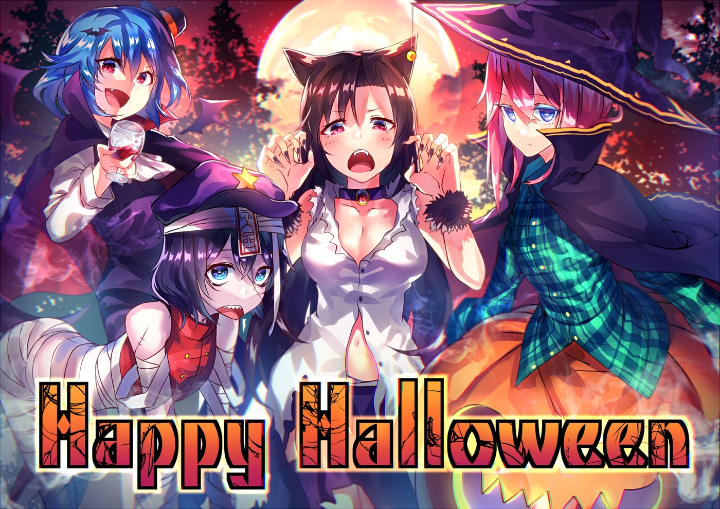 animal_ears, bandage, cape, choker, drink, fang, halloween, hat