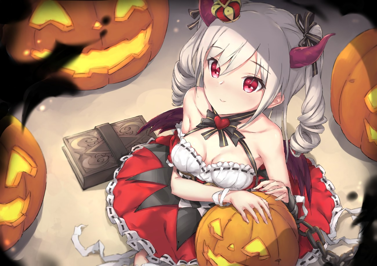 book, breasts, chain, cleavage, gray_hair, halloween, idolmaster, idolmaster_cinderella_girls, jpeg_artifacts, kanzaki_ranko, parfaitlate, pumpkin, red_eyes, twintails, white_hair