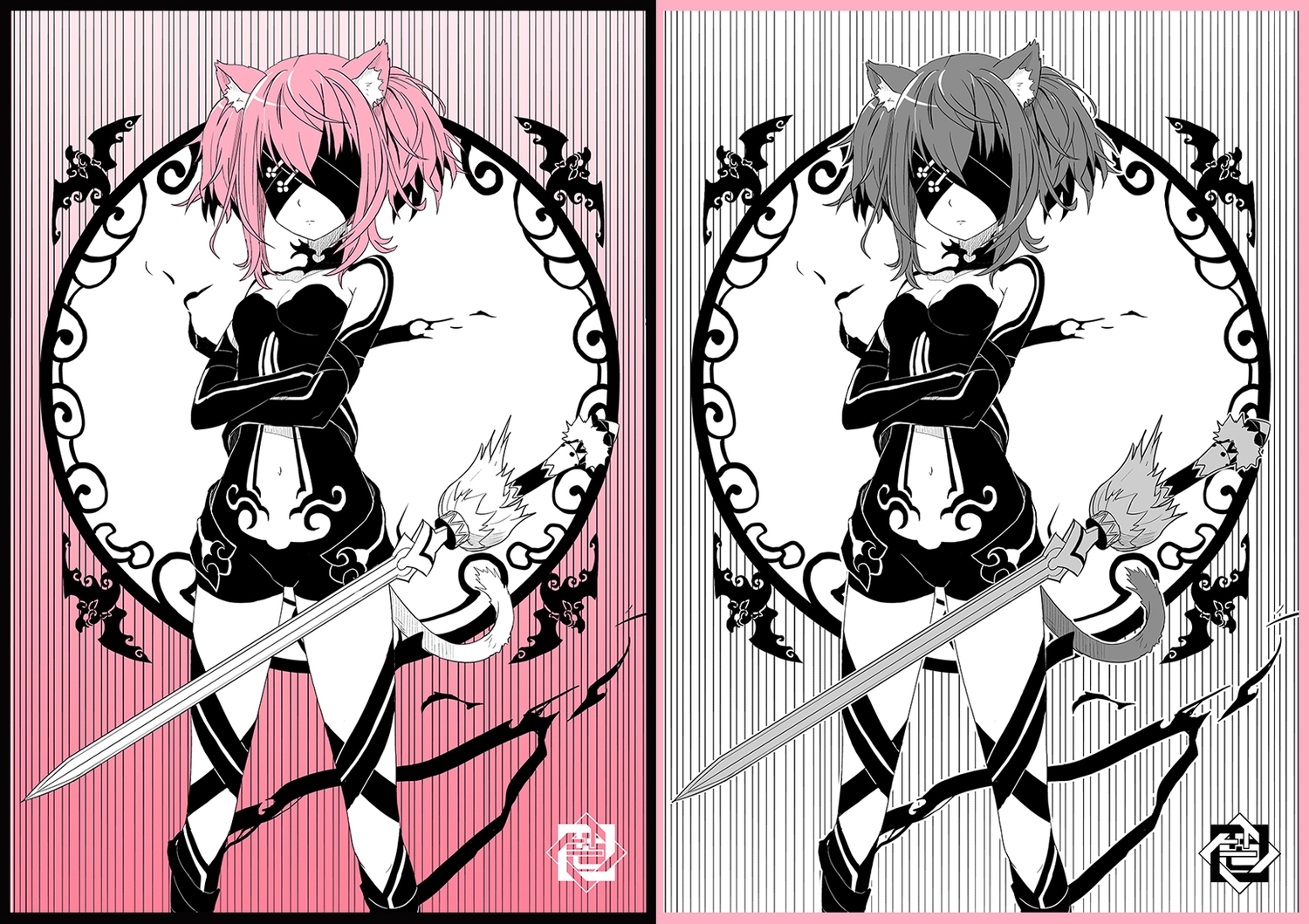 animal_ears, blindfold, bodysuit, eat, polychromatic, short_hair, sword, tail