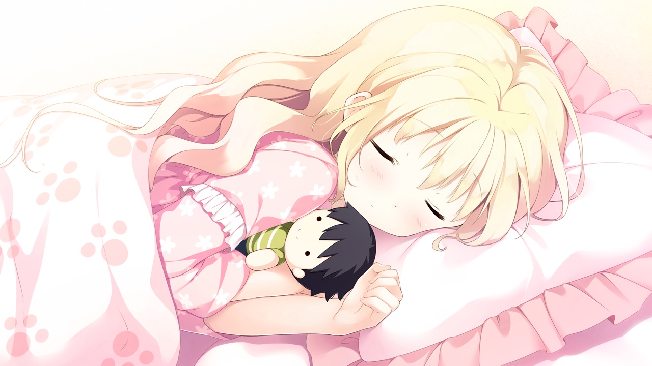 bed, blonde_hair, blush, doll, game_cg, koi_x_shin_ai_kanojo, komari_yui, loli