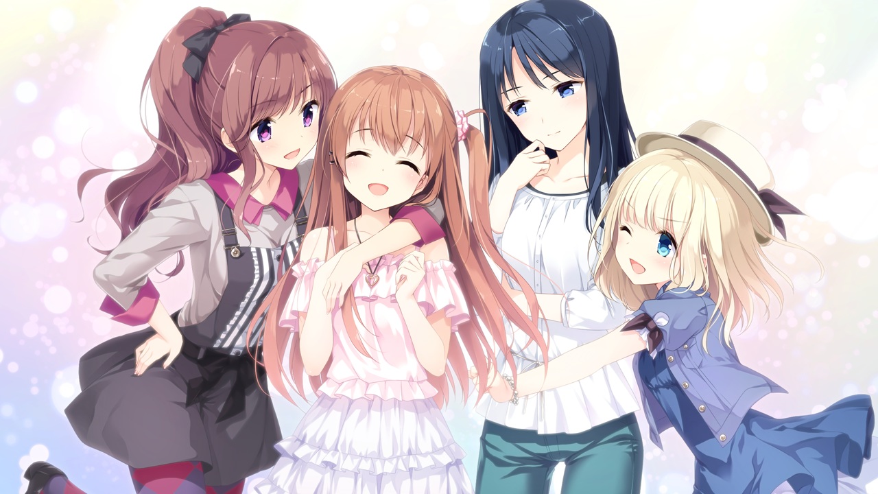 black_hair, blonde_hair, blue_eyes, blush, brown_hair, game_cg, group, hat