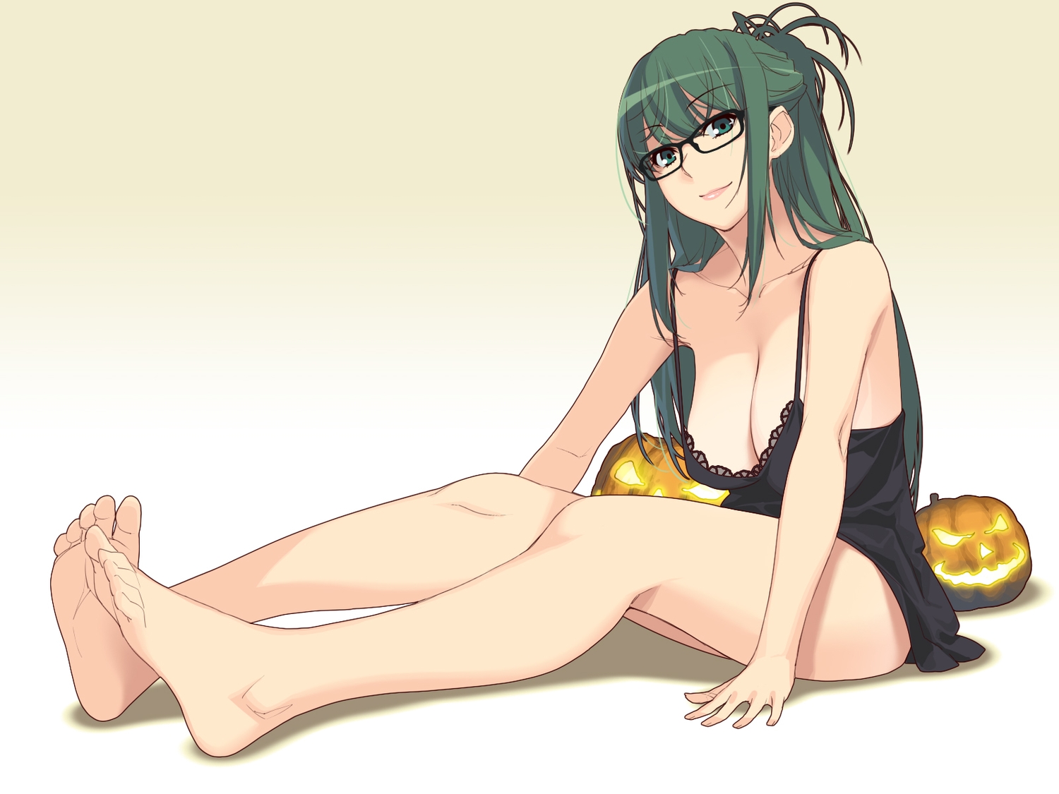 barefoot, breasts, cleavage, glasses, green_eyes, green_hair, halloween, ino, kisaragi_rei, long_hair, no_bra, otome_function, pumpkin
