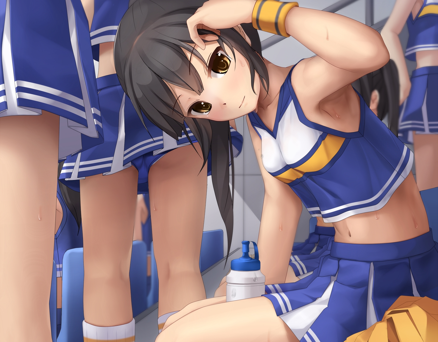 black_hair, brown_eyes, cheerleader, cropped, drink, eto, group, kneehighs