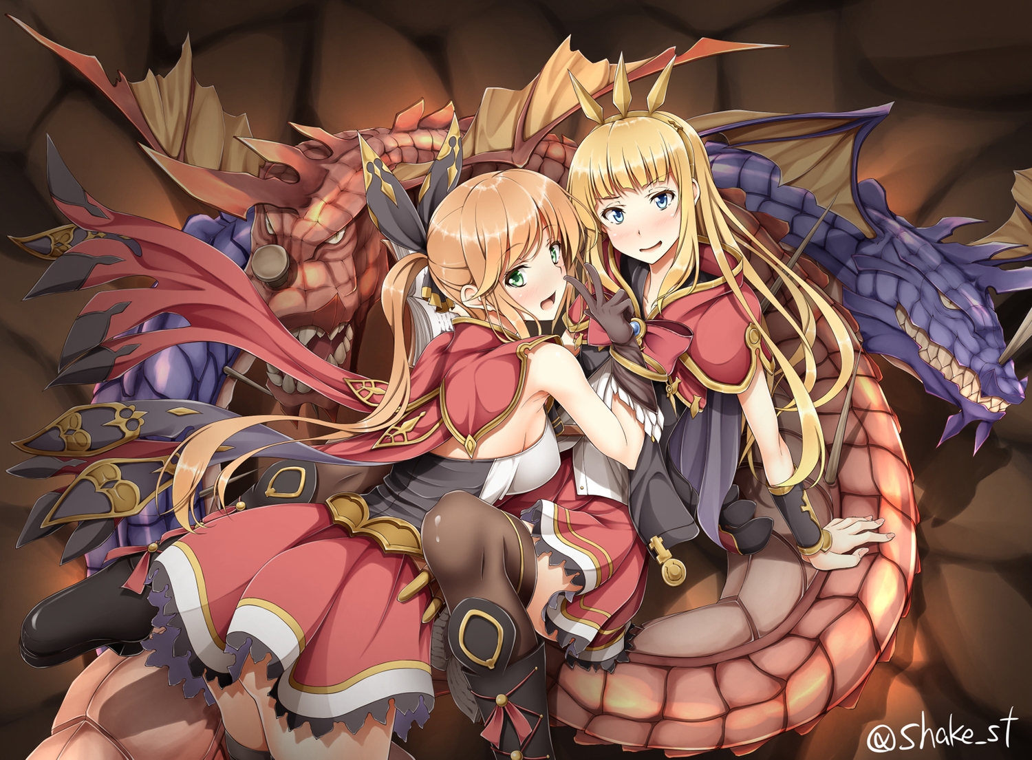 2girls, blonde_hair, blue_eyes, boots, bow, brown_hair, cagliostro_(granblue_fantasy), cape