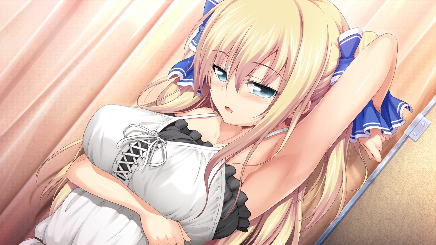 blonde_hair, blue_eyes, blush, breast_hold, game_cg, long_hair, love_of_renai_koutei_of_love!, ootori_erika