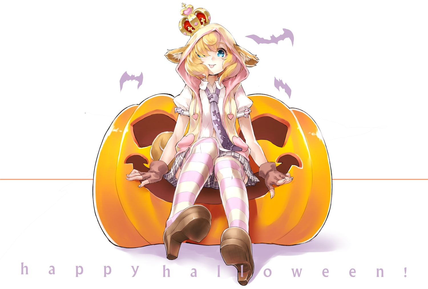 animal_ears, aqua_eyes, blonde_hair, crown, gloves, halloween, hood, original