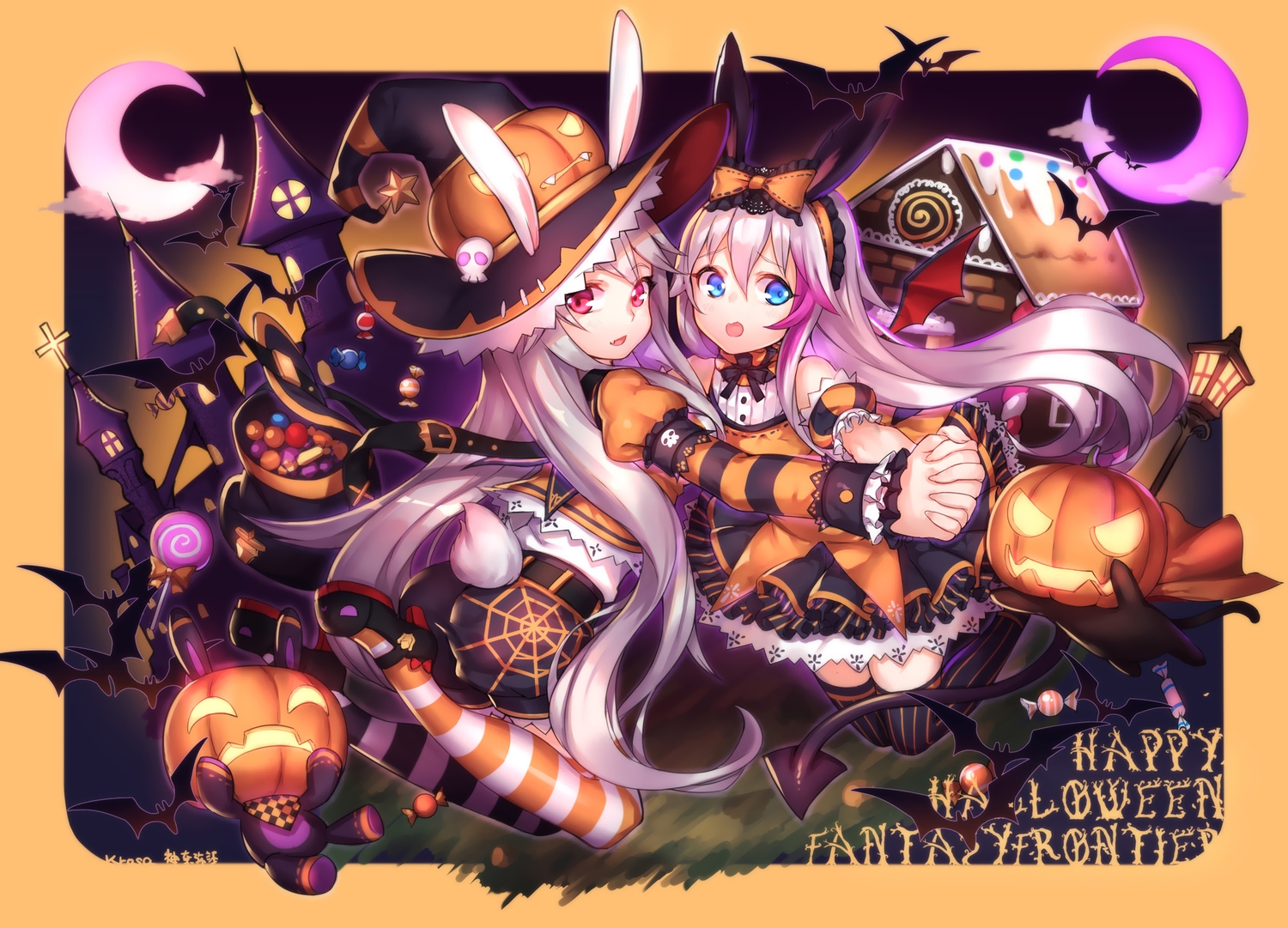 2girls, animal, animal_ears, aqua_eyes, ass, bunny_ears, bunnygirl, cat, fantasy_frontier, halloween, long_hair, pink_eyes, pink_hair, pumpkin, shennai_misha, tagme_(character), tail, thighhighs, white_hair, wings, witch