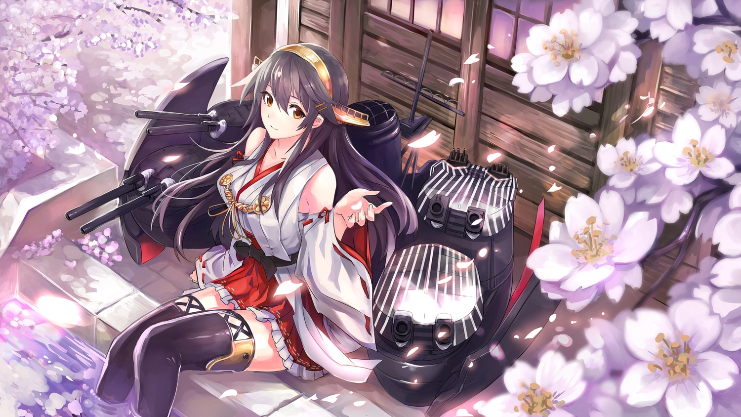 anthropomorphism, black_hair, building, devildogs, flowers, haruna_(kancolle), headband, japanese_clothes
