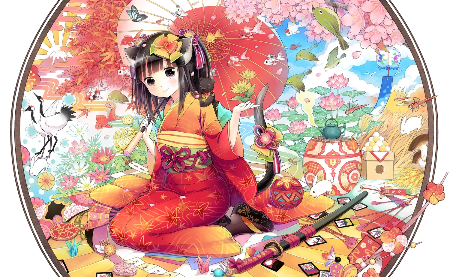 animal, animal_ears, ball, black_eyes, black_hair, butterfly, catgirl, cherry_blossoms, fish, flowers, japanese_clothes, katana, kimono, kuroinu, original, rabbit, sword, tail, umbrella, weapon