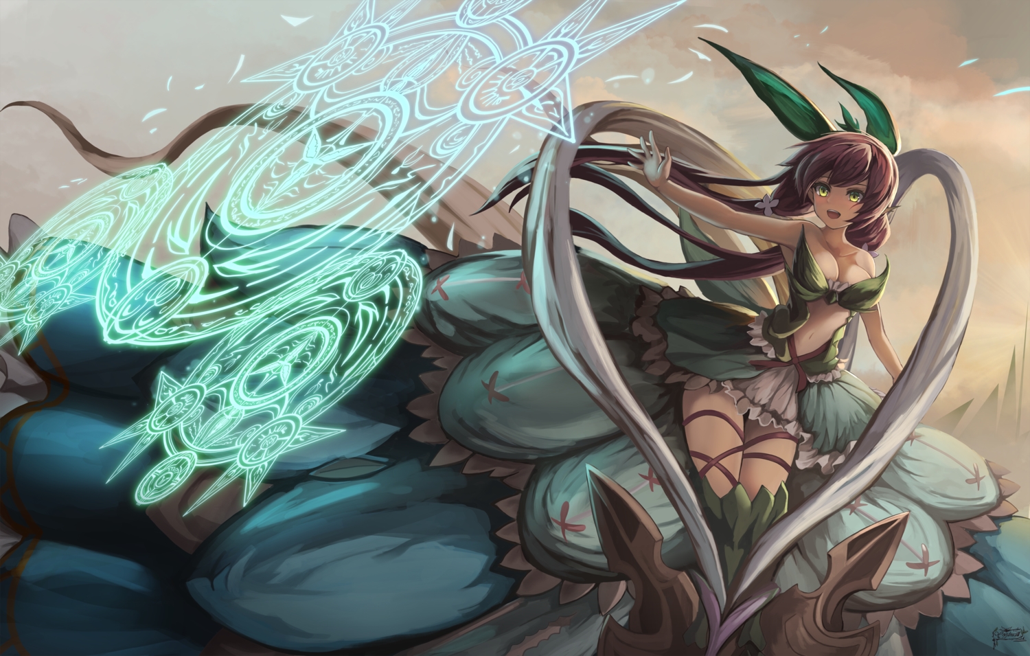 breasts, cleavage, eruthika, granblue_fantasy, green_eyes, long_hair, magic, navel, red_hair, skirt, yggdrasill_(granblue_fantasy)