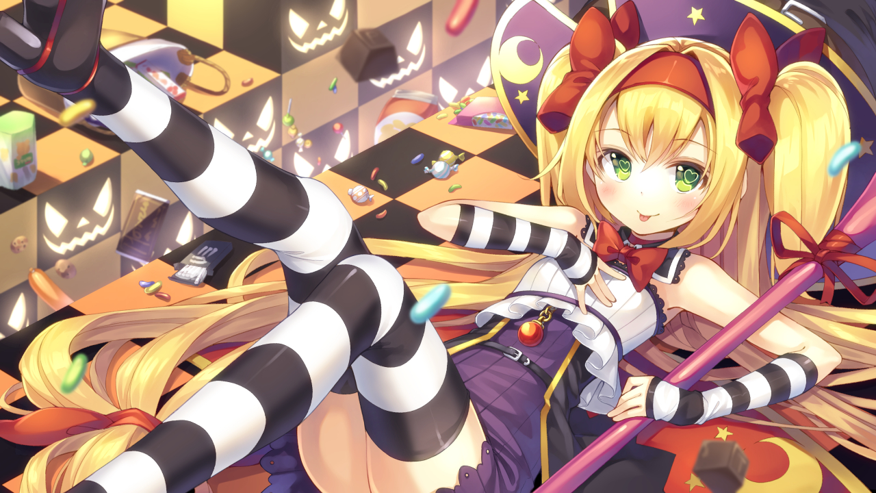 blazblue, blonde_hair, bow, candy, collar, green_eyes, gurasion_(gurasion), halloween