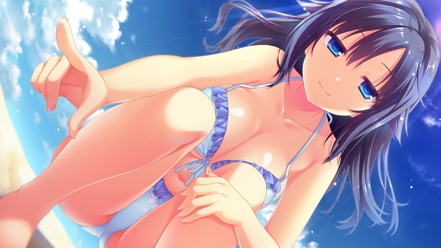 bikini, black_hair, blue_eyes, breasts, chuablesoft, cleavage, close, game_cg, goshogawara_yuuki, k-ko, swimsuit, watashi_ga_suki_nara_"suki"_tte_itte!