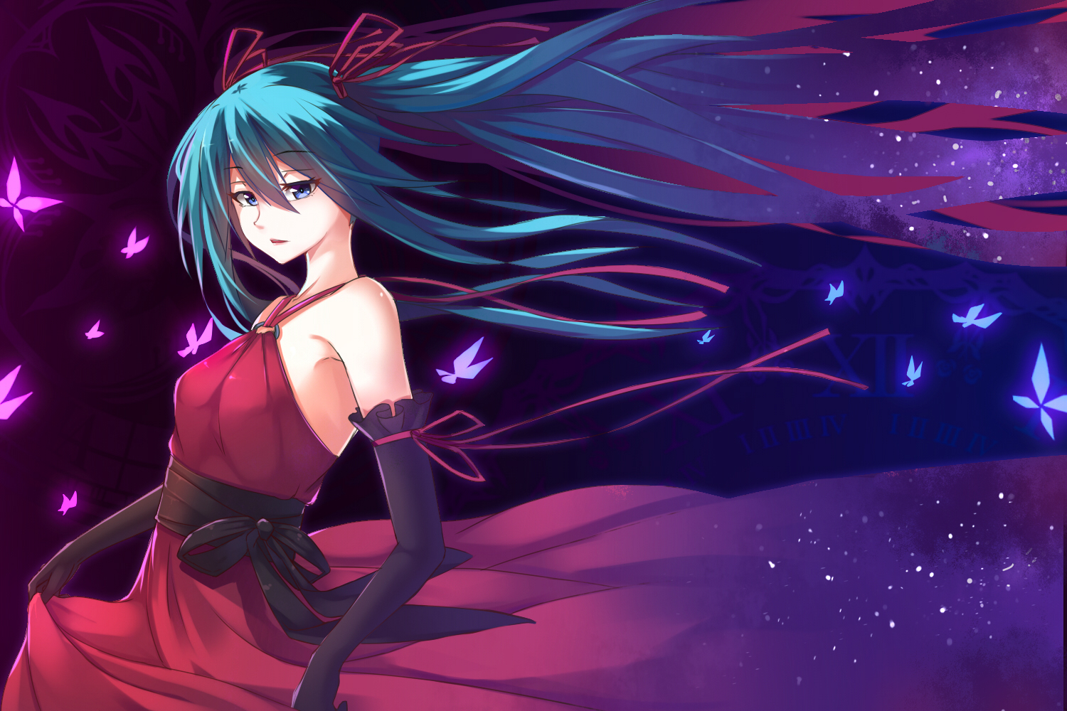 aqua_hair, blue_eyes, dress, elbow_gloves, gloves, hatsune_miku, long_hair, mhong, vocaloid