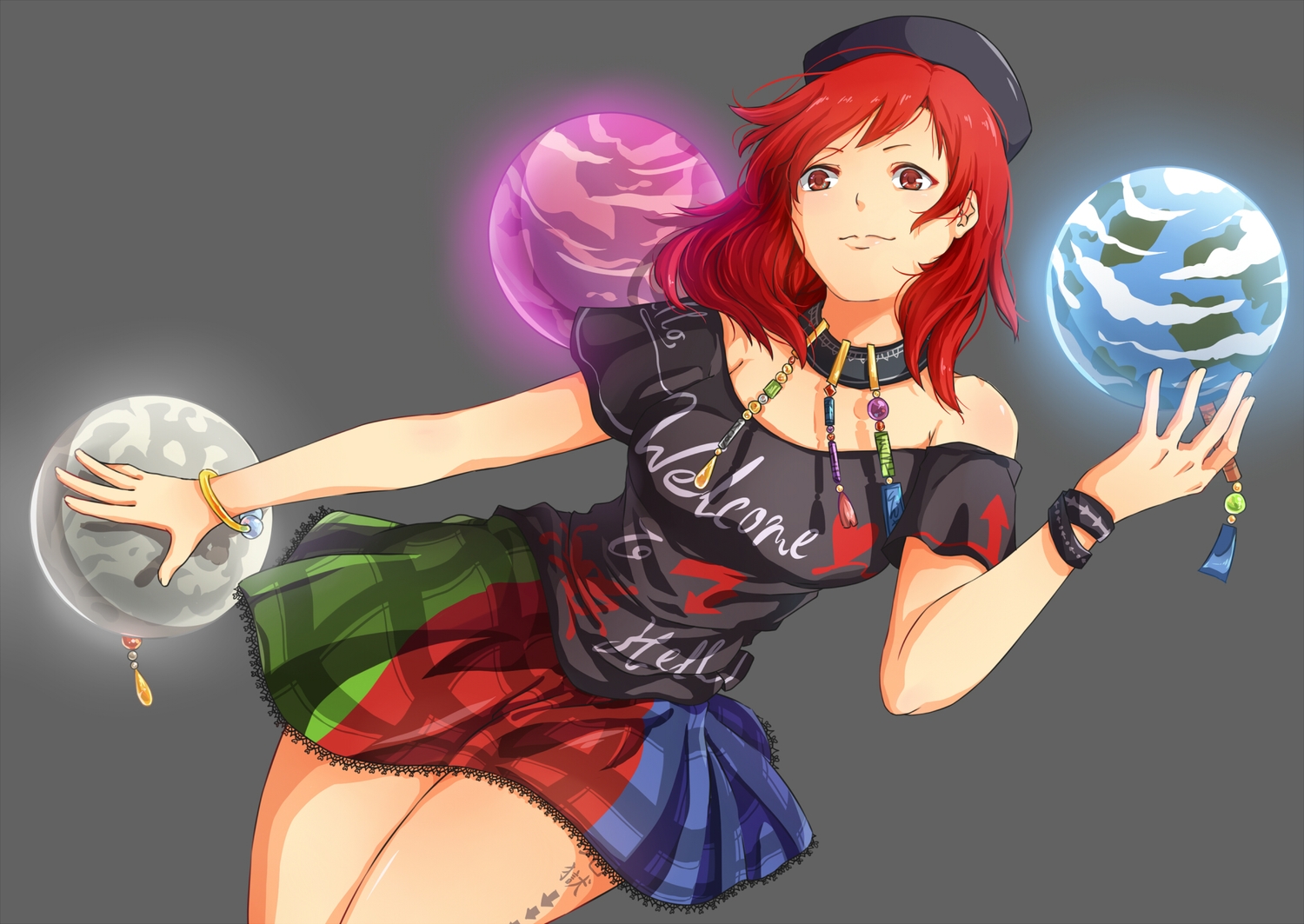choker, hat, hecatia_lapislazuli, necklace, red_eyes, red_hair, skirt, suo_niao