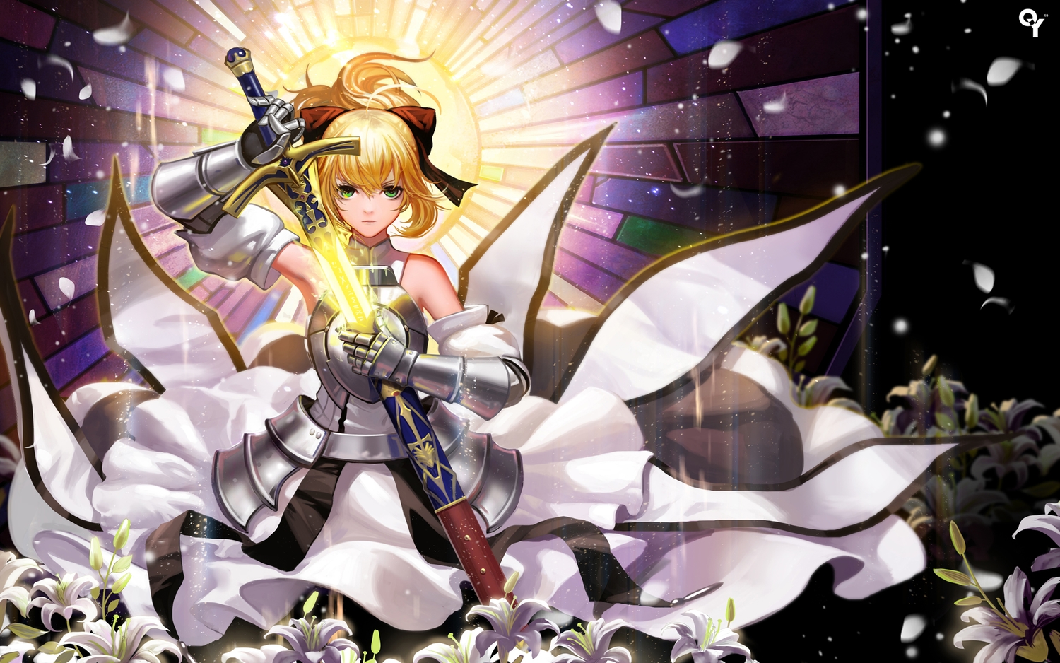 armor, artoria_pendragon_(all), blonde_hair, fate_(series), fate/stay_night, fate/unlimited_codes, flowers, green_eyes