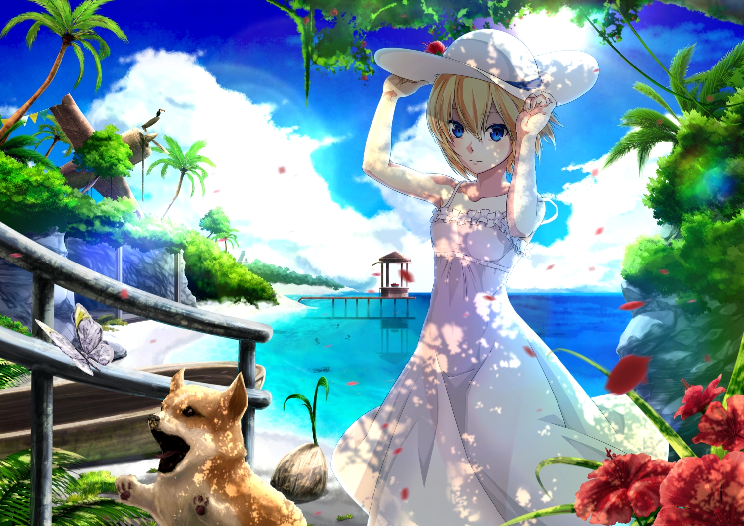 animal, aono_meri, blonde_hair, blue_eyes, butterfly, clouds, dog, dress, flowers, hat, original, short_hair, sky, summer_dress, tree, water