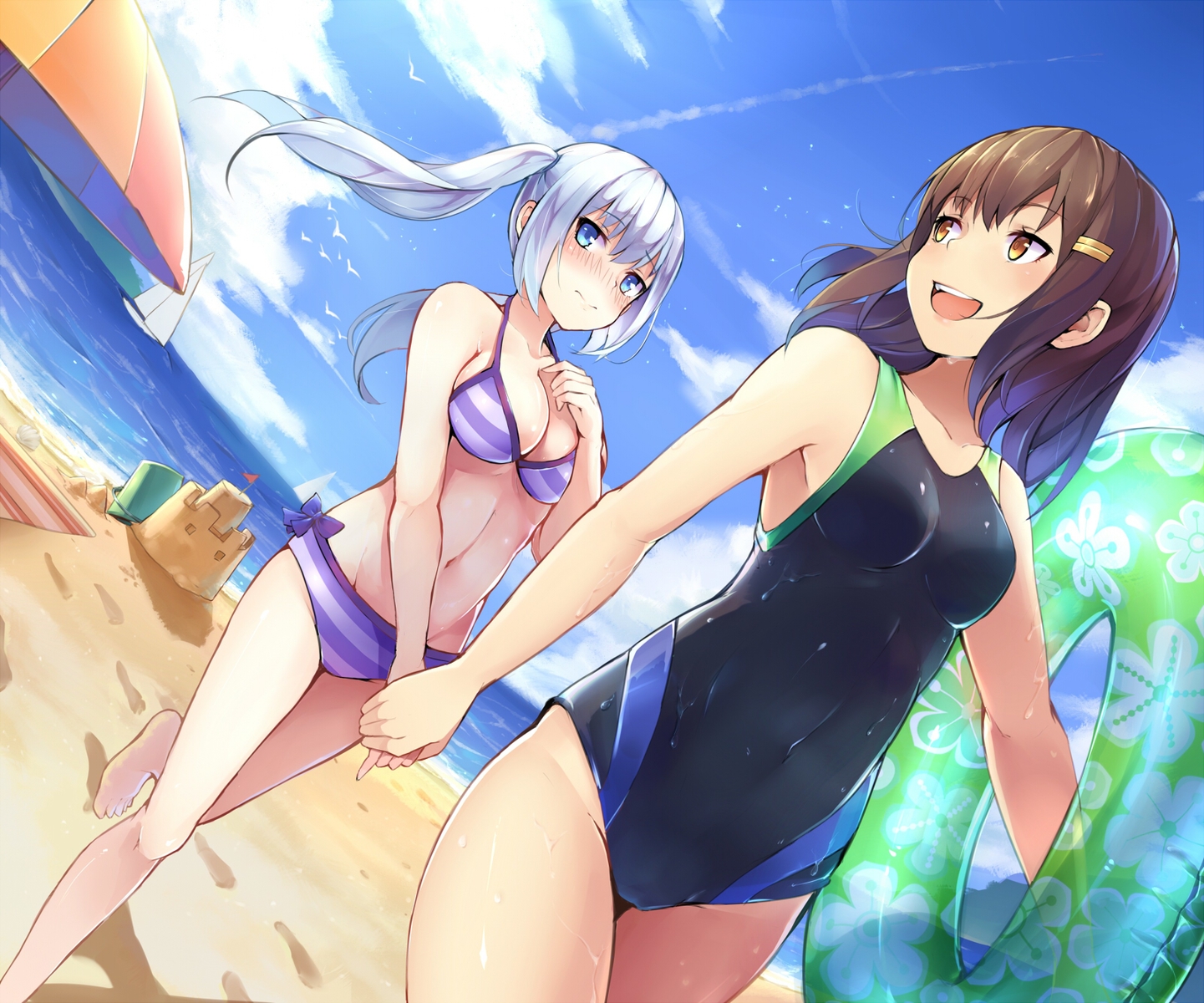 2girls, beach, bikini, blue_eyes, blush, breasts, brown_hair, clouds
