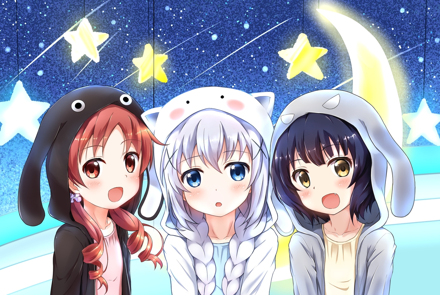 black_hair, blue_eyes, blush, braids, fang, gochuumon_wa_usagi_desu_ka?, hood, jouga_maya, kafuu_chino, loli, natsu_megumi, red_eyes, red_hair, twintails, uneune, white_hair, yellow_eyes