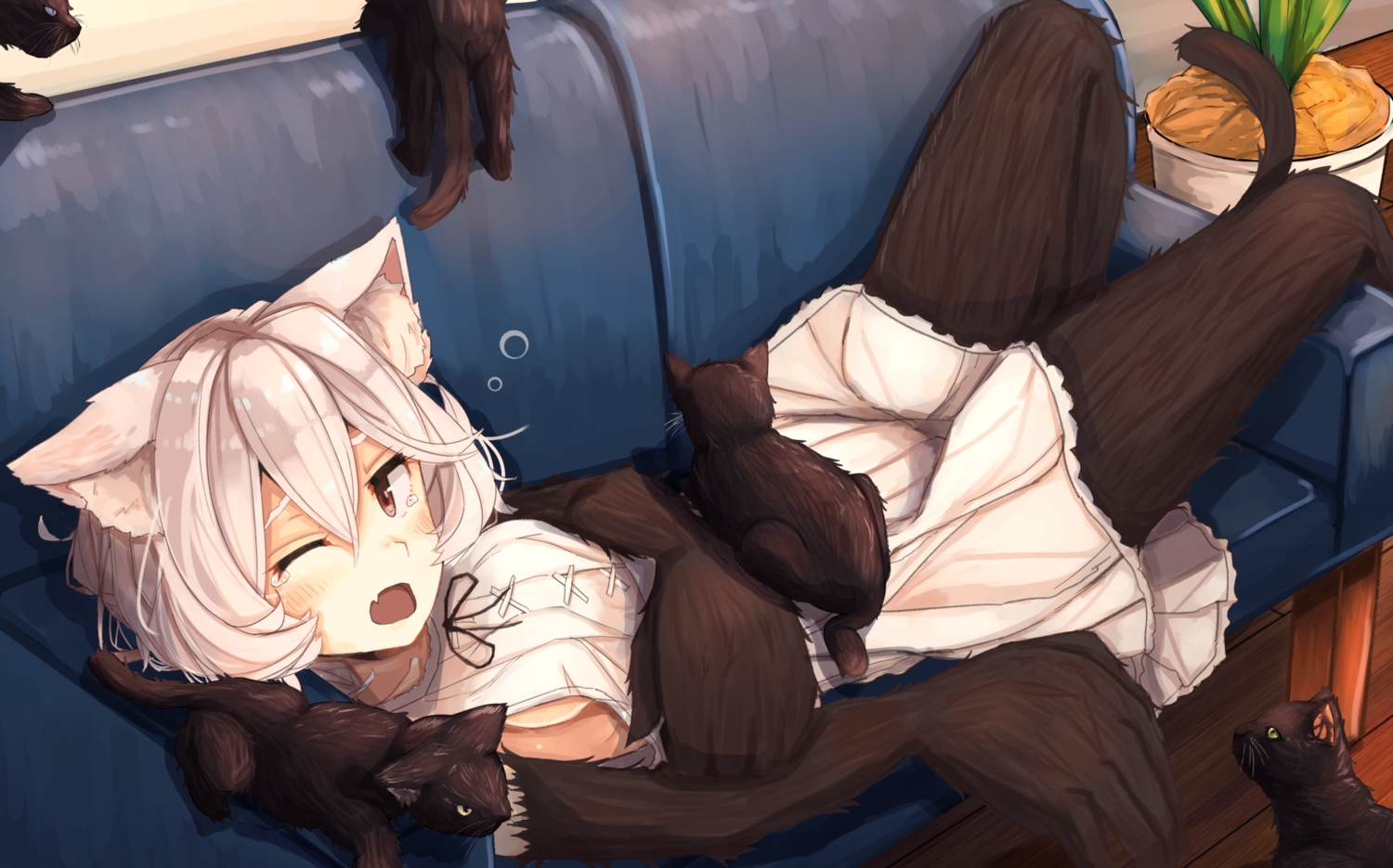 animal, animal_ears, breasts, cat, catgirl, couch, original, plan_(planhaplalan), short_hair, sideboob, tail, tears, white_hair, wink