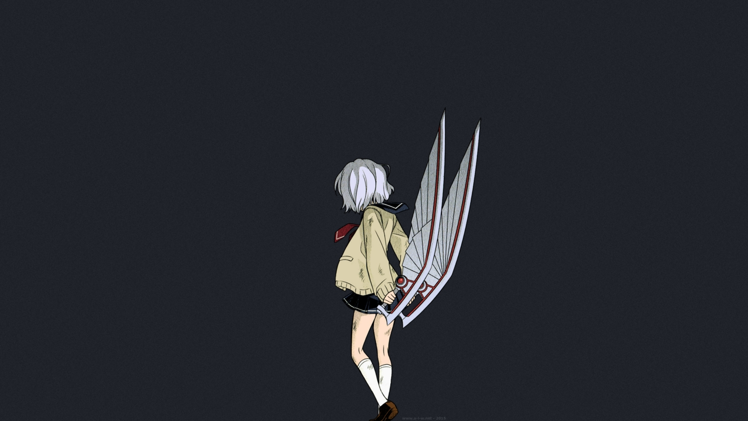 amamiya_kyouka, karasuma_wataru, not_lives, school_uniform, short_hair, skirt, weapon, white_hair