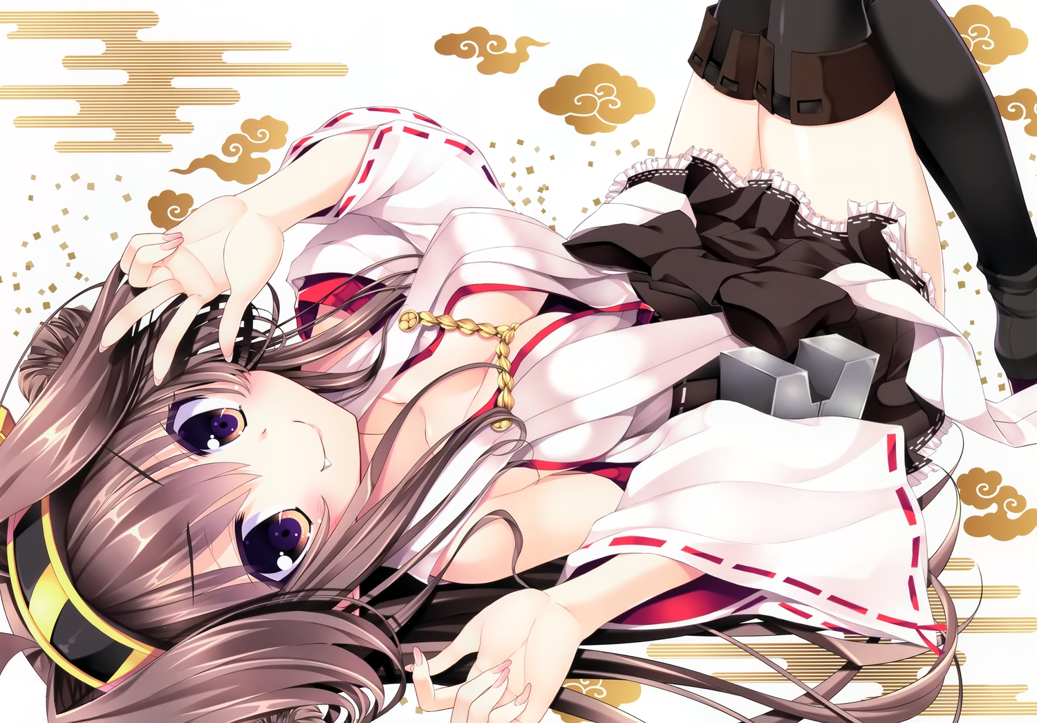 anthropomorphism, breasts, cleavage, inuzumi_masaki, kantai_collection, kongou_(kancolle), no_bra, scan, thighhighs