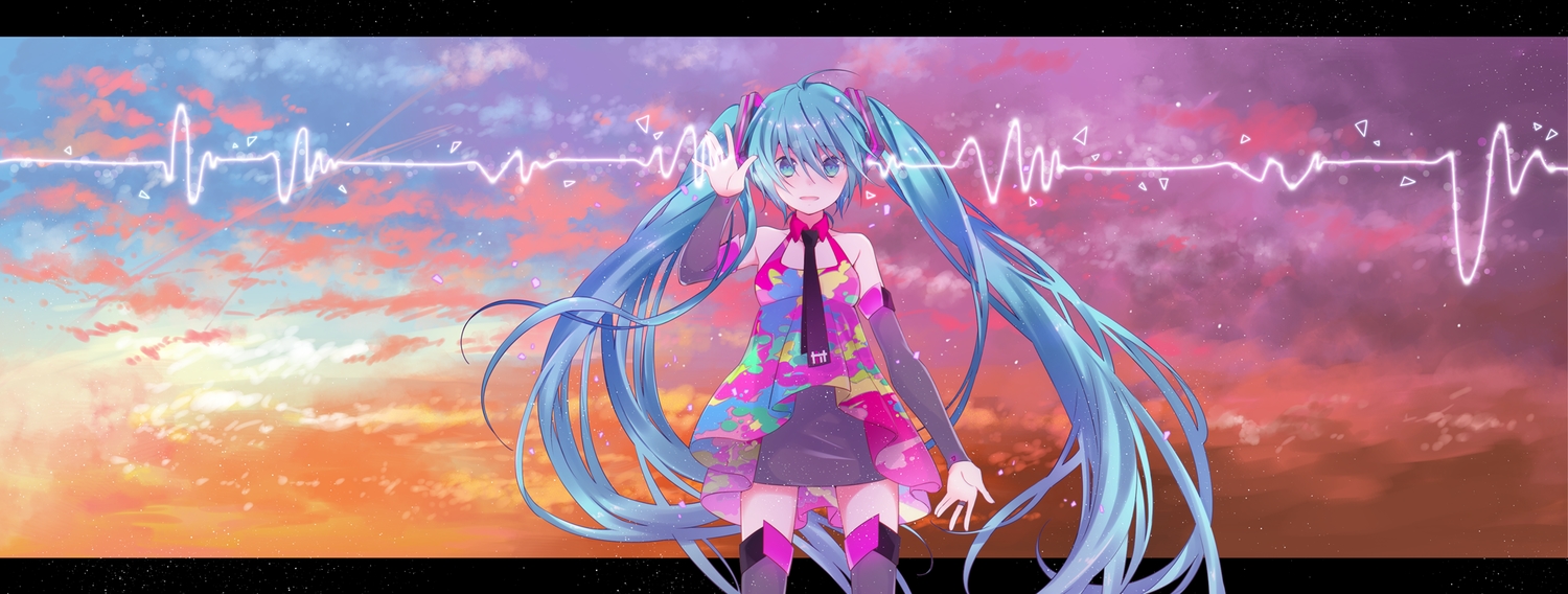 aqua_eyes, aqua_hair, clouds, dualscreen, hatsune_miku, long_hair, sky, sunset