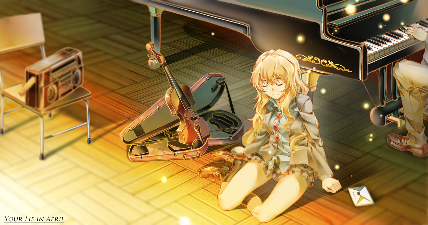 blonde_hair, cheese_kang, instrument, kneehighs, miyazono_kaori, piano, school_uniform, shigatsu_wa_kimi_no_uso