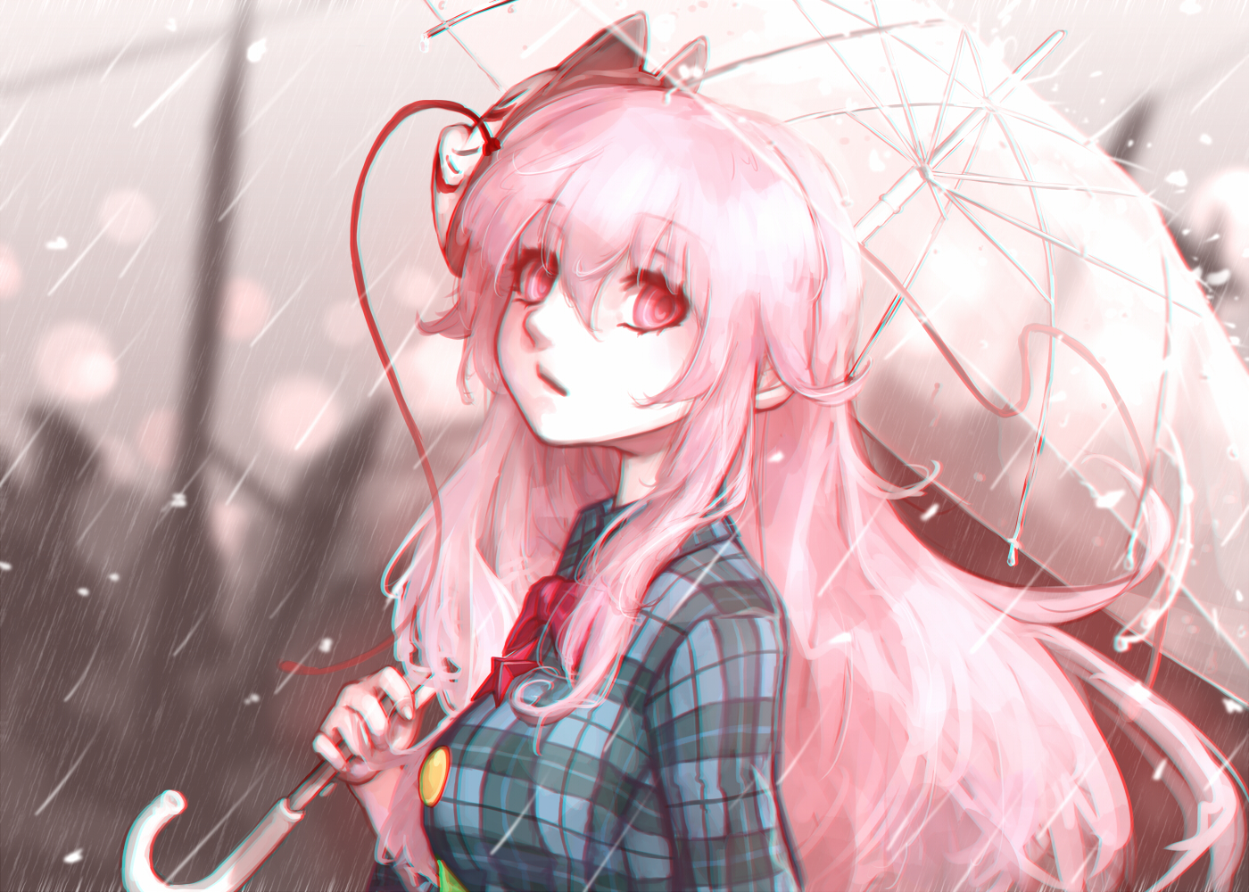 hata_no_kokoro, hoshibuchi, long_hair, mask, pink_eyes, pink_hair, rain, touhou, umbrella, water