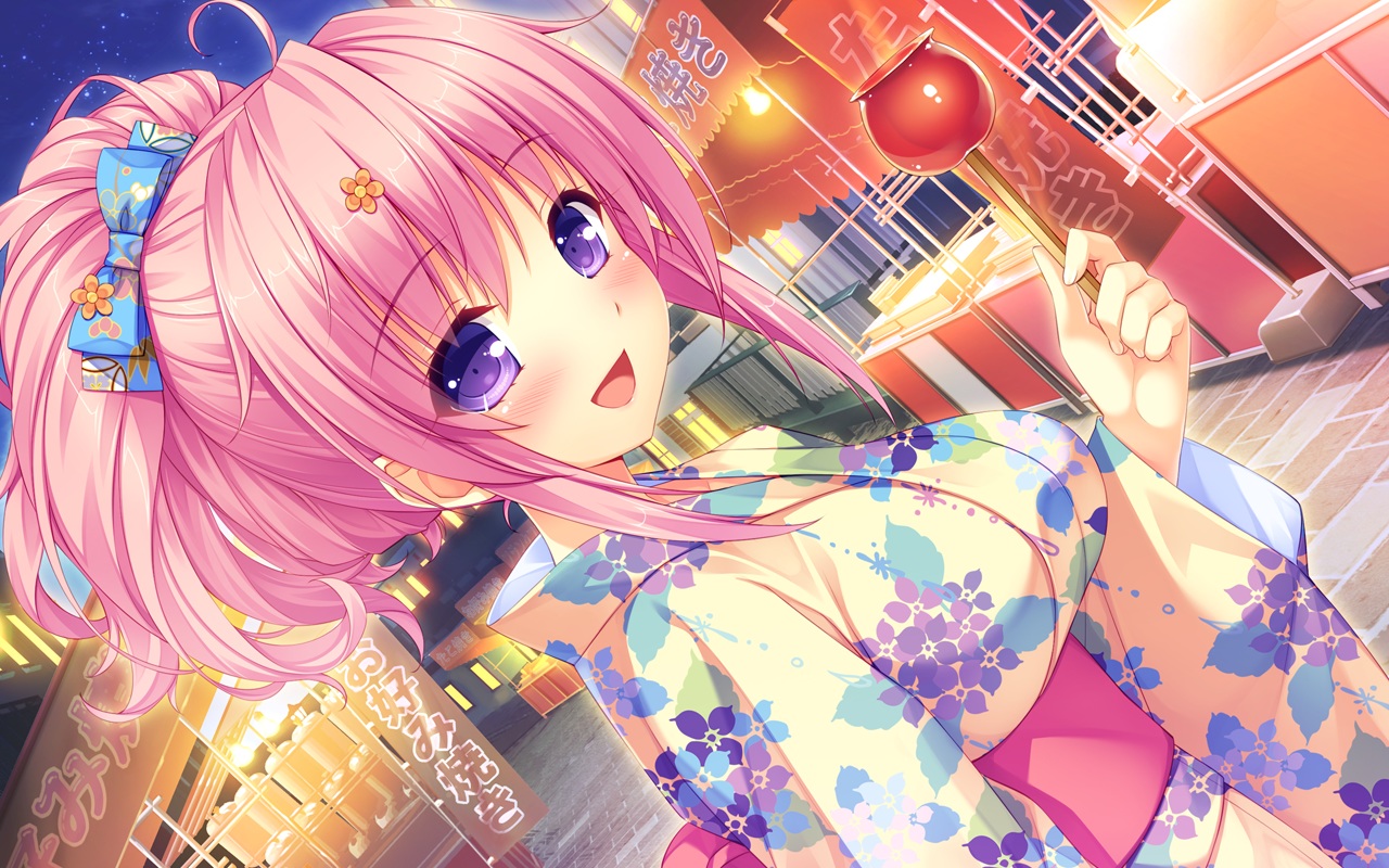 apple, blush, boku_to_koi_suru_ponkotsu_akuma, candy, festival, food, fruit, game_cg, japanese_clothes, kiritani_riria, long_hair, pink_hair, ponytail, purple_eyes, sayori, smile, summer, yukata
