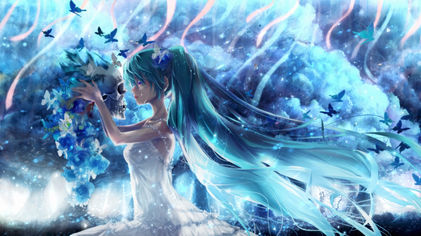 aqua_hair, bonnou-s-rice, bou_nin, butterfly, dress, flowers, hatsune_miku, long_hair, skull, summer_dress, third-party_edit, twintails, vocaloid