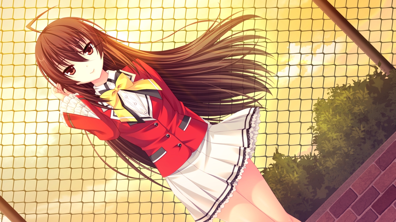 brown_eyes, brown_hair, game_cg, long_hair, love-ressive, sayori, school_uniform, sunset, takaha_ryou