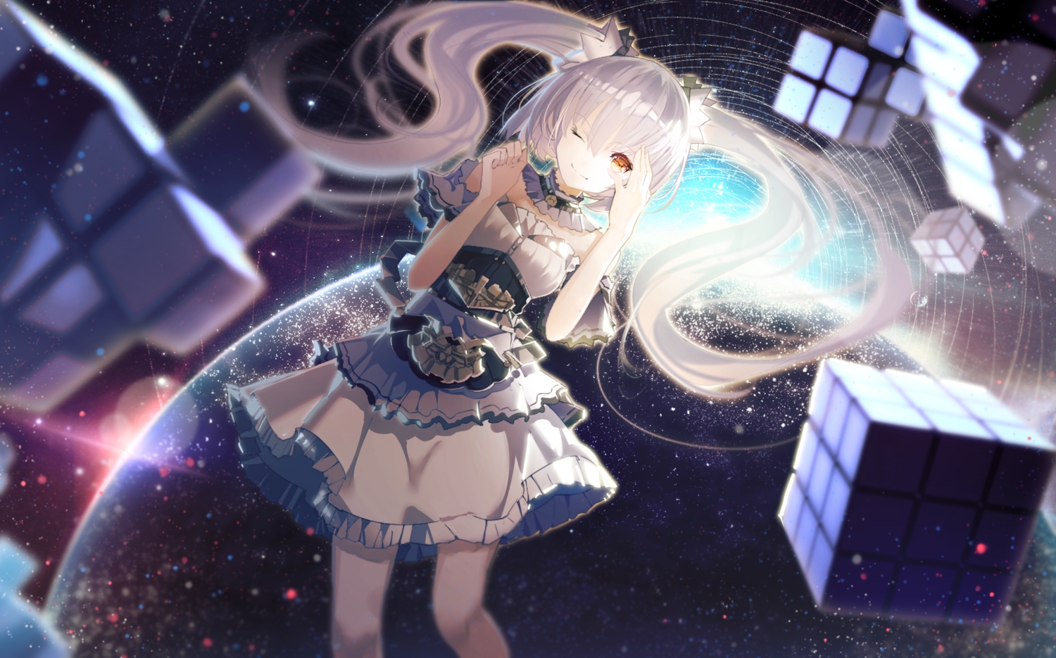 ajahweea, long_hair, original, planet, space, stars, twintails, white_hair, wink, yellow_eyes