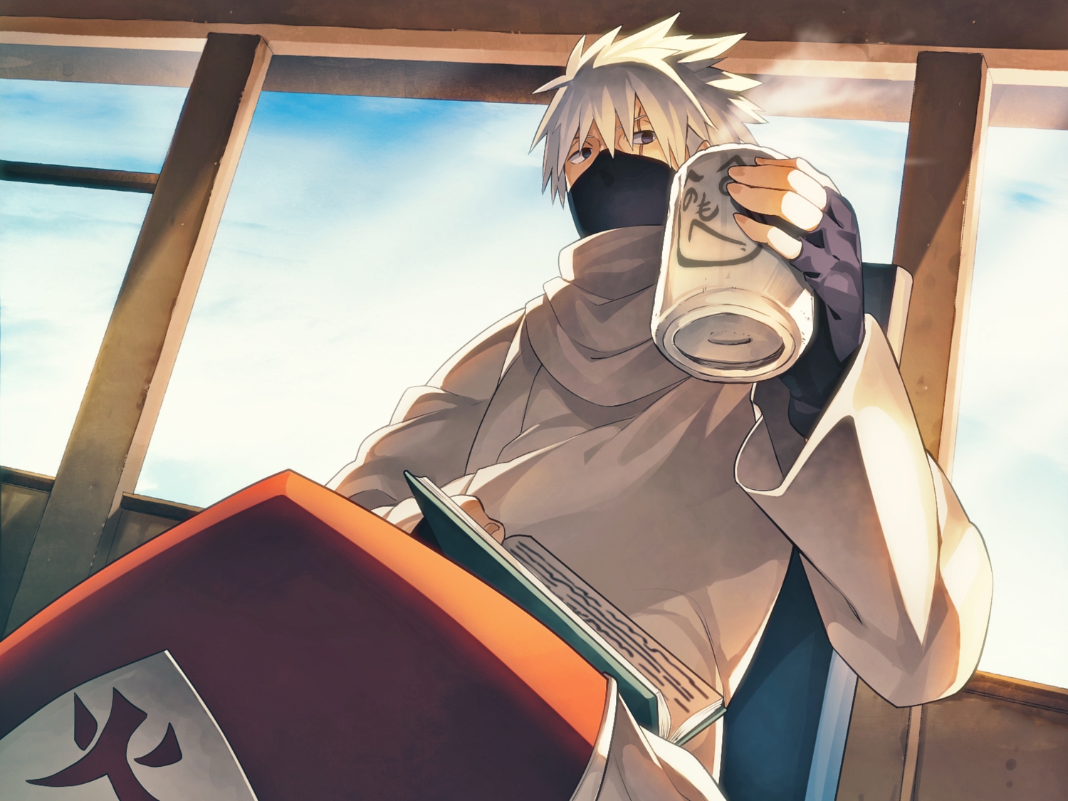 all_male, book, drink, gloves, hat, hatake_kakashi, male, mask, naruto, scar, tore_(ksg666xxx)