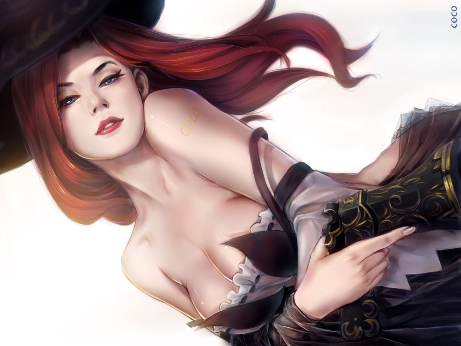breasts, cleavage, destincelly, gun, hat, league_of_legends, realistic, sarah_fortune, tattoo, weapon, white, witch_hat