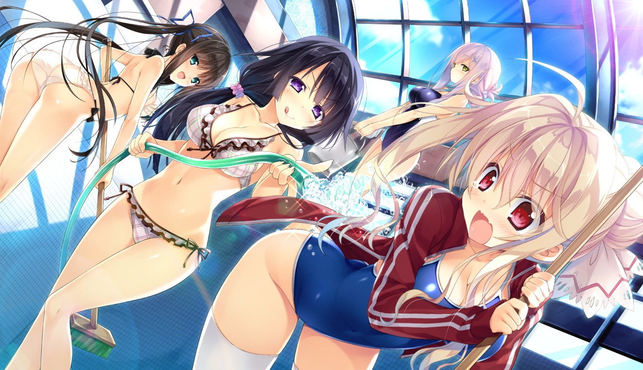 alicetia_wallenburg_kezouji, ashishun, ass, bikini, black_hair, blonde_hair, game_cg, green_eyes, group, kuryuu_mashiro, marmalade, pool, primal_x_hearts, primal_x_hearts_2, purple_eyes, red_eyes, swimsuit, tatebayashi_tateha, thighhighs, tsukiyono_usagi, white_hair, yellow_eyes