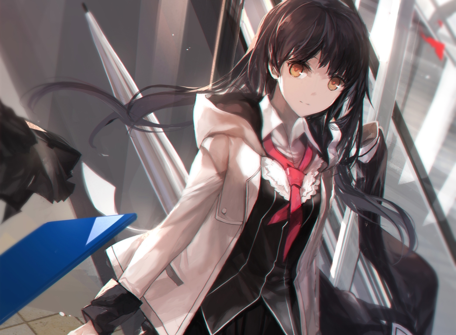 akiba's_trip, black_hair, brown_eyes, cropped, fumizuki_rui, school_uniform, swd3e2, umbrella