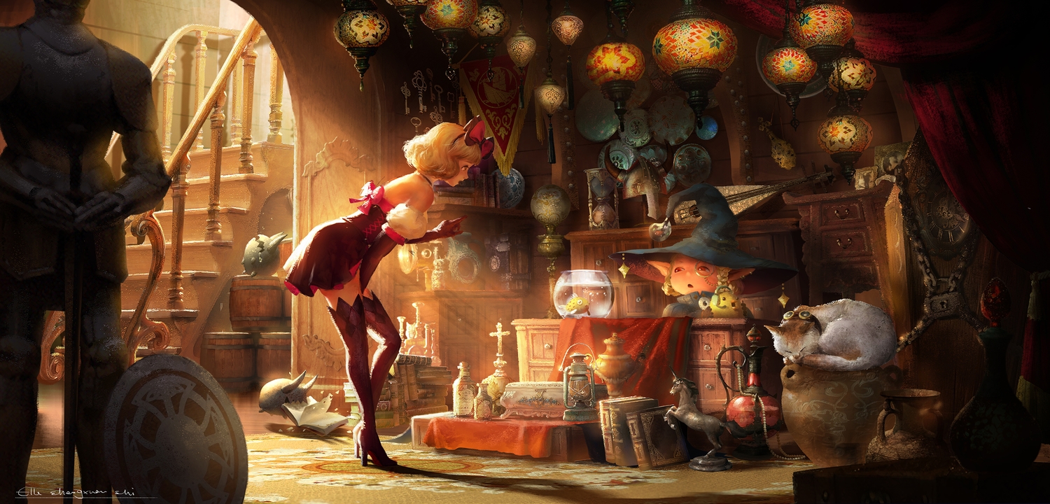 animal, armor, book, boots, cat, chain, cross, demon, dress, fish, glasses, hat, headdress, headphones, horns, instrument, lost_elle, original, pixiv_fantasia, signed, stairs, sword, thighhighs, weapon, witch, witch_hat, zettai_ryouiki