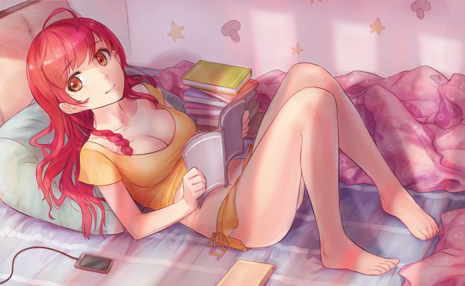 barefoot, bed, book, braids, breasts, cleavage, long_hair, navel, orange_eyes, original, phone, red_hair, skirt, wet.elephant