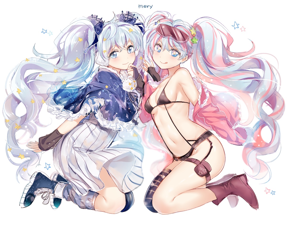 bikini_top, boots, dress, fuyu_no_yoru_miku, garter, gloves, goggles, hatsune_miku, long_hair, mery_(apfl0515), signed, thighhighs, twintails, vocaloid