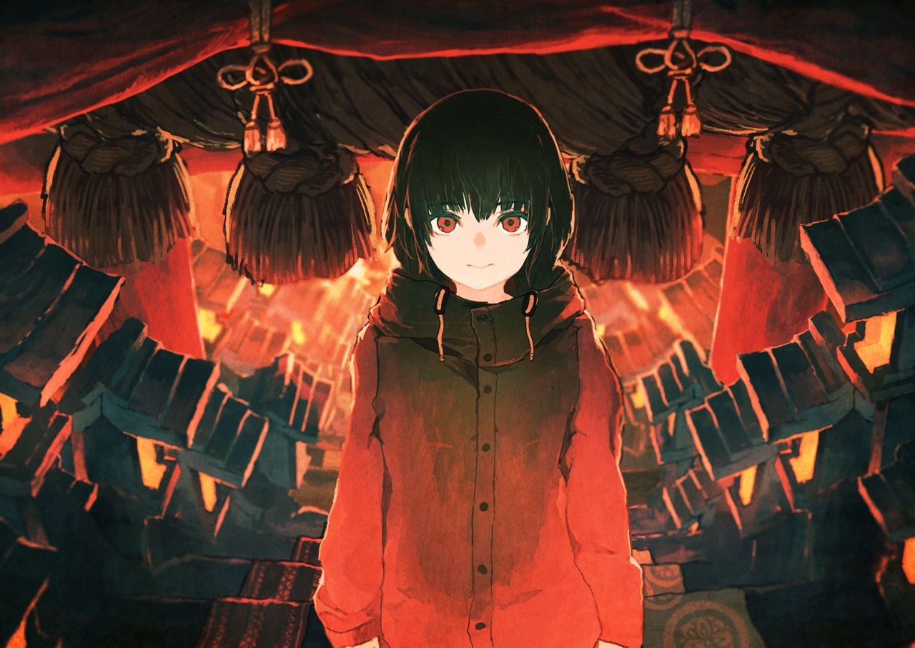 black_hair, hood, kitsune_(kazenouta), original, red_eyes, rope, short_hair