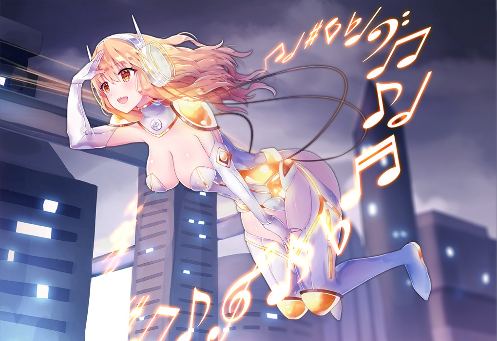 blonde_hair, bodysuit, breasts, building, chariot.f, city, cleavage, elbow_gloves, gloves, headphones, long_hair, music, orange_eyes, original