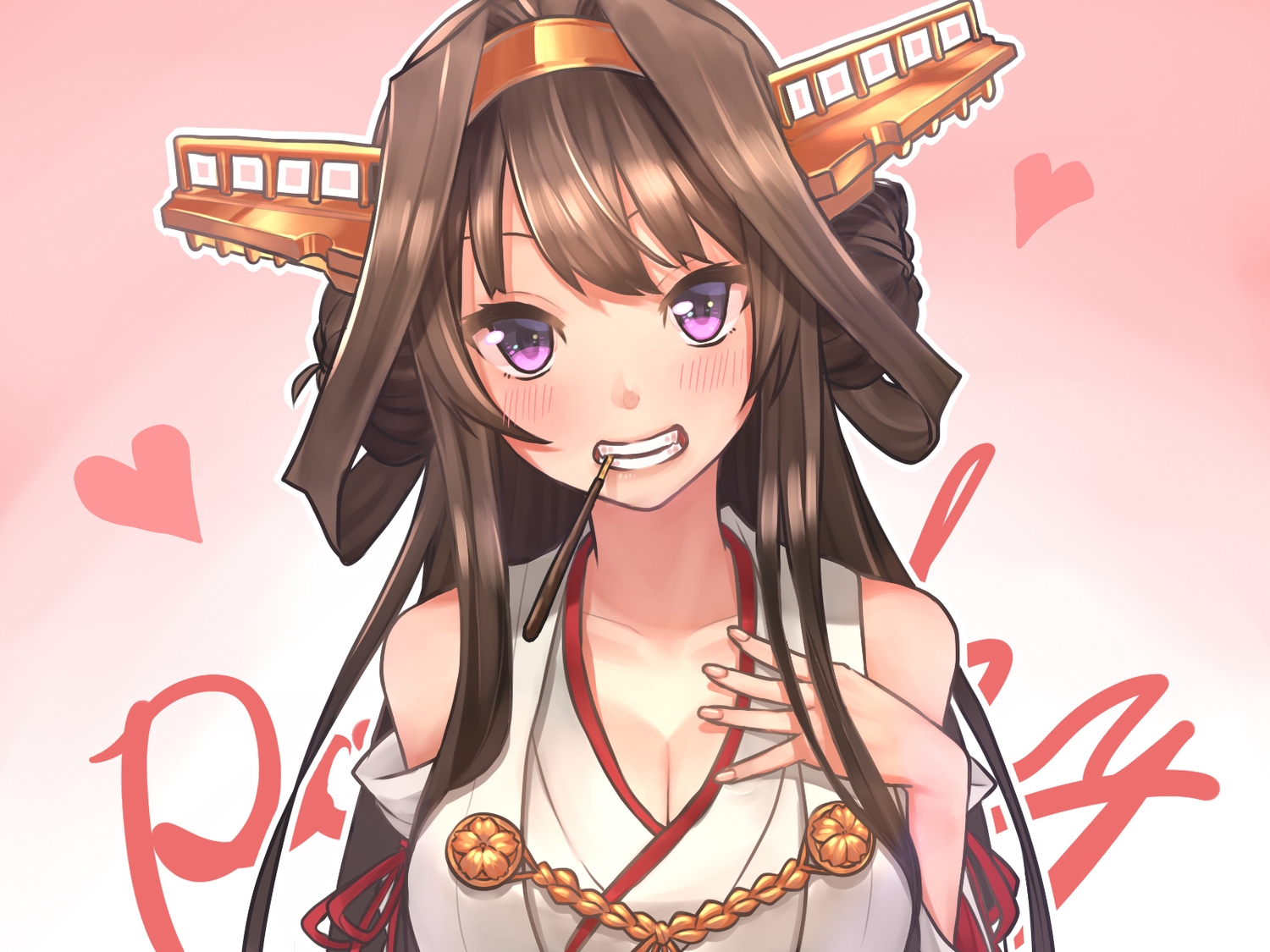 anthropomorphism, baffu, breasts, brown_hair, cleavage, food, headband, heart
