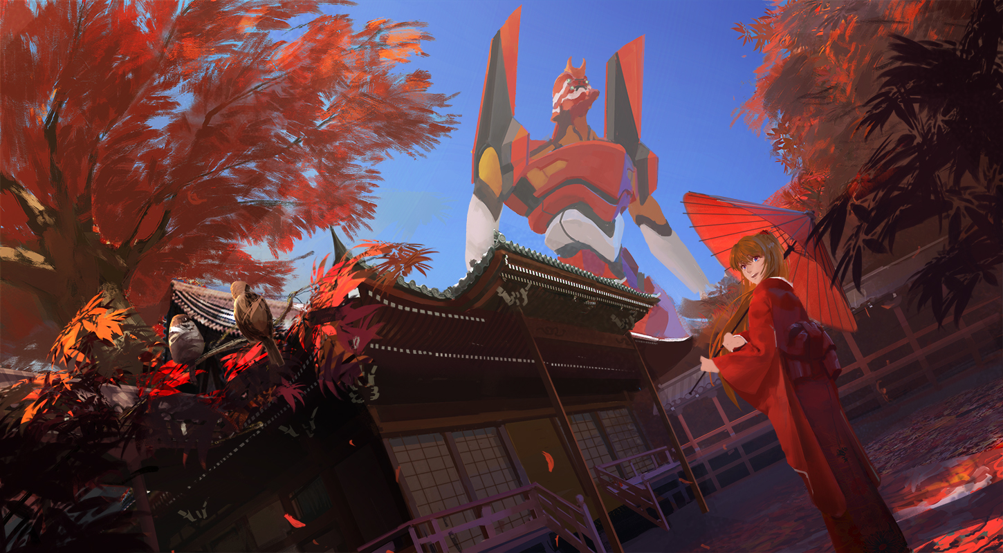 autumn, building, eva-02, japanese_clothes, kimono, long_hair, mecha, neon_genesis_evangelion, scenic, soryu_asuka_langley, tree, umbrella, virus76
