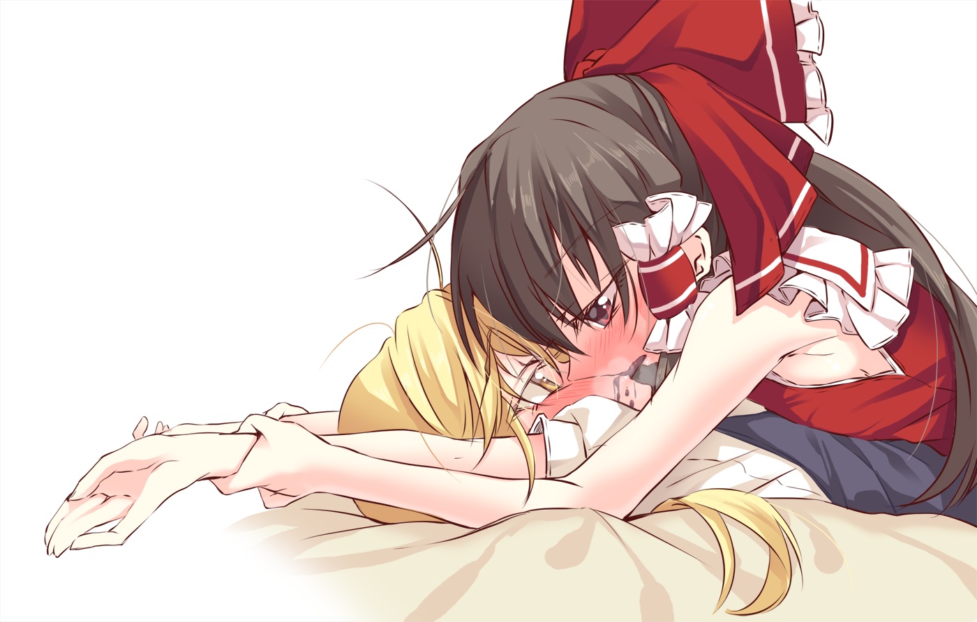 2girls, blush, bow, candy, chocolate, food, hakurei_reimu, ina_(inadahime), kirisame_marisa, shoujo_ai, touhou