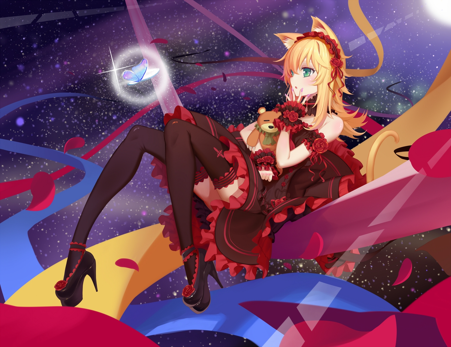 animal_ears, blonde_hair, catgirl, choker, dress, goth-loli, green_eyes, headdress